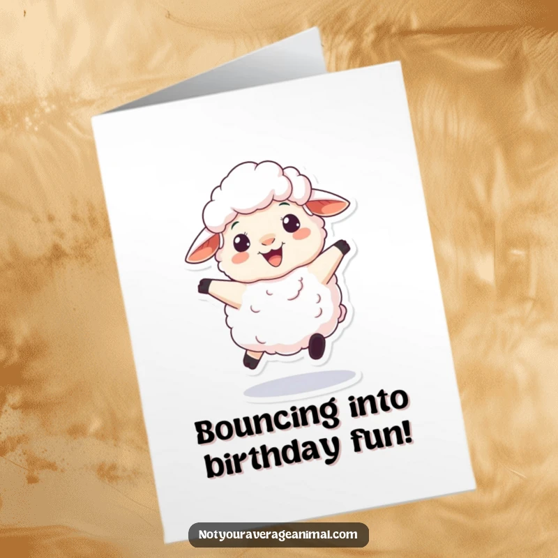 Funny Free Printable Birthday Card: A fluffy sheep with a woolly grin playfully bounces with excitement.