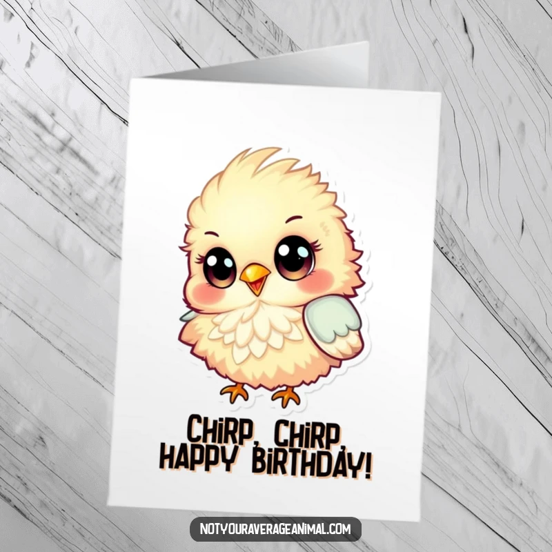 Funny Free Printable Birthday Card: Fluffy, colorful bird with big eyes chirping joyfully, spreading birthday cheer.