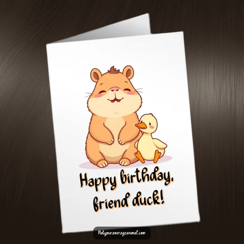 Funny free printable birthday card of a giggling capybara sitting peacefully next to a very tiny duck.