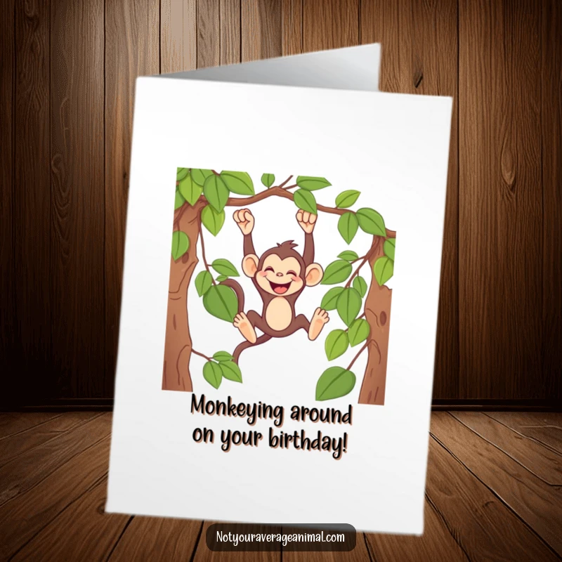 Funny Free Printable Birthday Card: A mischievous monkey swings from a vine, giggling heartily, celebrating.