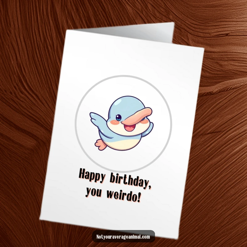 Funny Free Printable Birthday Card: A goofy platypus character joyfully swimming with a wide, happy smile, radiating pure delight.