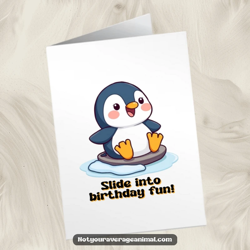 Funny Free Printable Birthday Card of a happy penguin character joyfully sliding on ice, spreading cheer and humor.