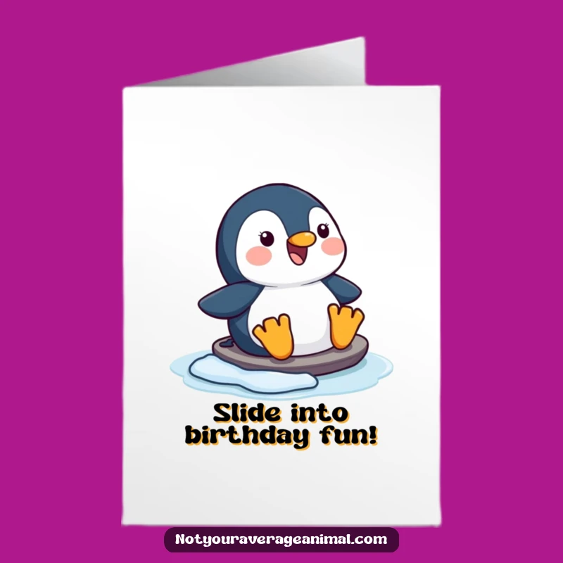 Free Printable Birthday Card: Penguin Sliding Funny Downloadable Gift for Joyful Celebrations