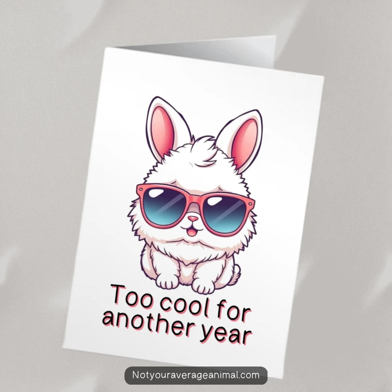 Funny free printable birthday card featuring a relaxed fluffy bunny in oversized sunglasses, radiating cool.
