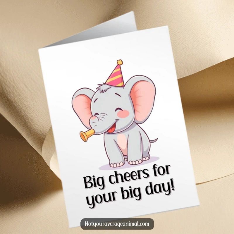 Funny Free Printable Birthday Card of a large, happy elephant joyfully blowing a colorful party horn.