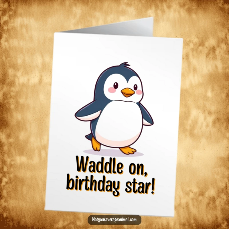 Funny free printable birthday card: A proud penguin waddles forward with a noticeably happy and confident stride.