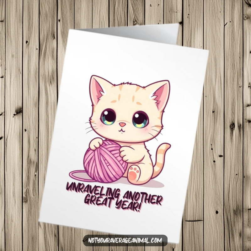 Funny Free Printable Birthday Card: A cute cat with big, wide eyes playfully bats at a tangled ball of yarn.