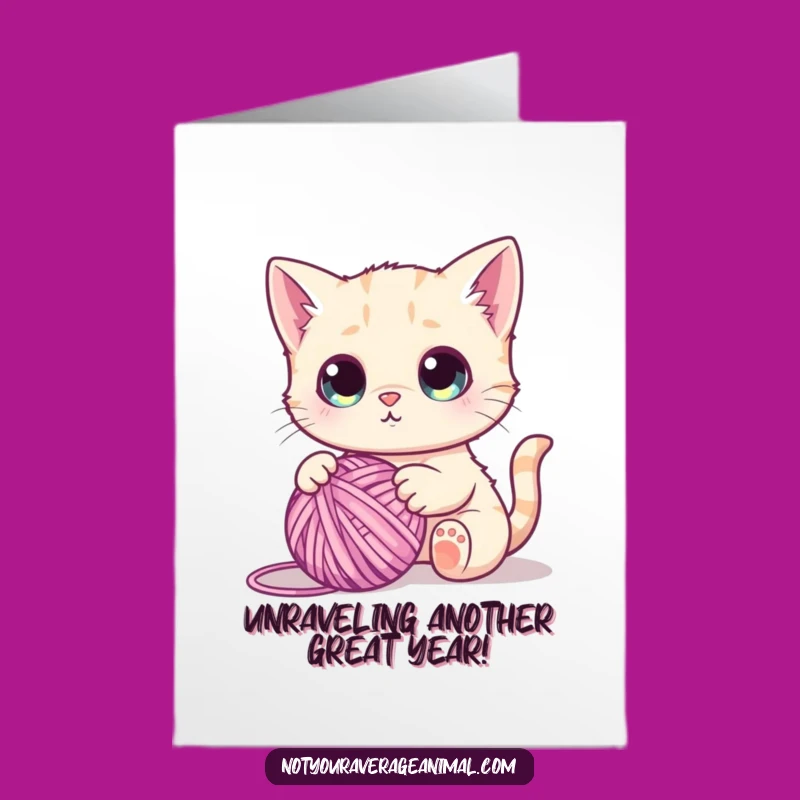 Free Printable Funny Cat Birthday Card: Cute Cat Playing Yarn - Downloadable Gift!