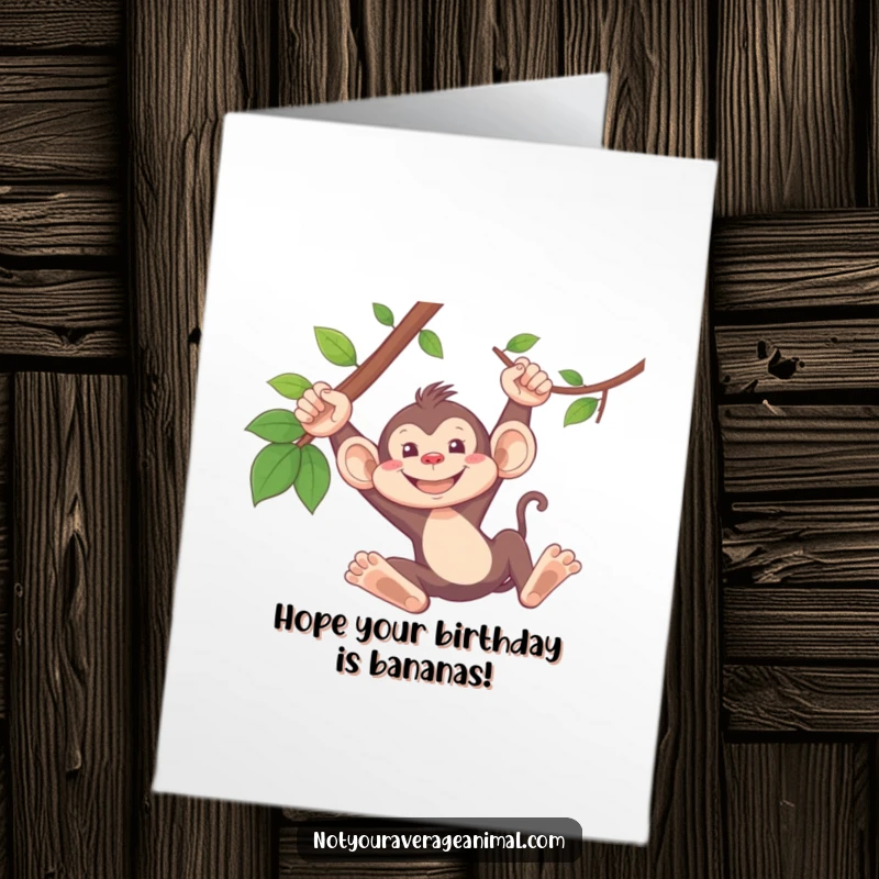 Funny Free Printable monkey birthday card featuring a silly monkey swinging from a vine with a wide grin, perfect for a wild celebration.