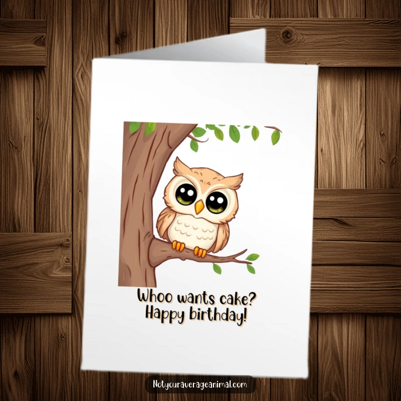 Funny Free Printable Birthday Card of a curious owl with large eyes peeking from a tree branch, ready to celebrate.