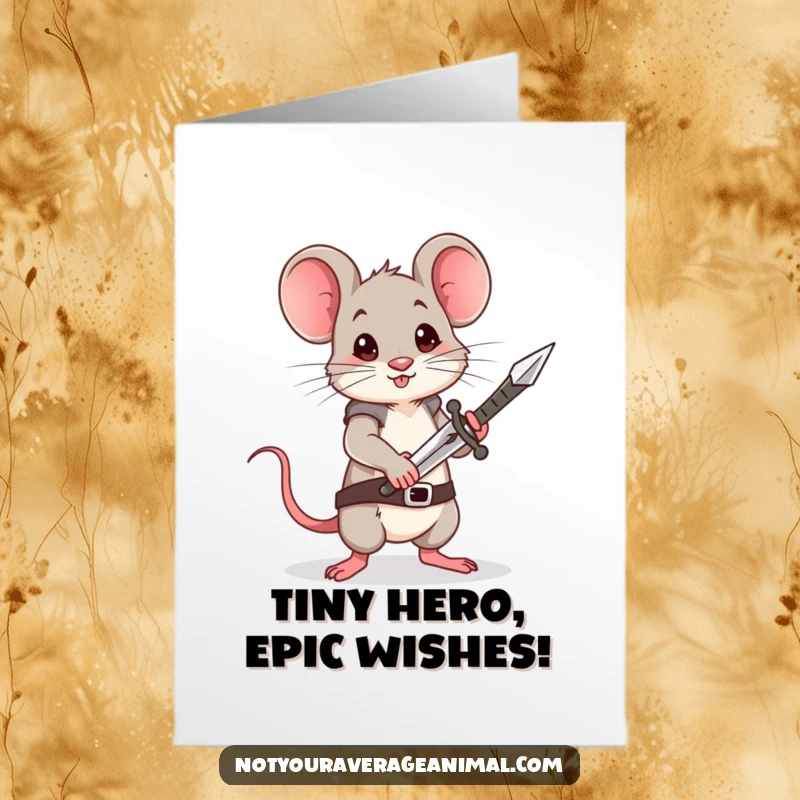 Funny free printable birthday card: A fearless mouse gripping a miniature sword, ready to conquer cake!
