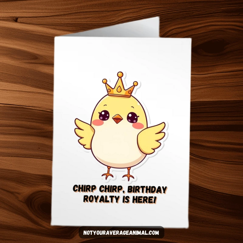 Funny Free Printable Birthday Card: A cheerful bird proudly wearing a small, shiny crown. A regal and funny downloadable gift.