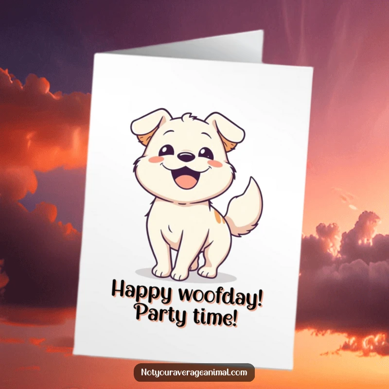 Funny free printable birthday card featuring an ecstatic dog with its tail a blur, radiating pure joy.