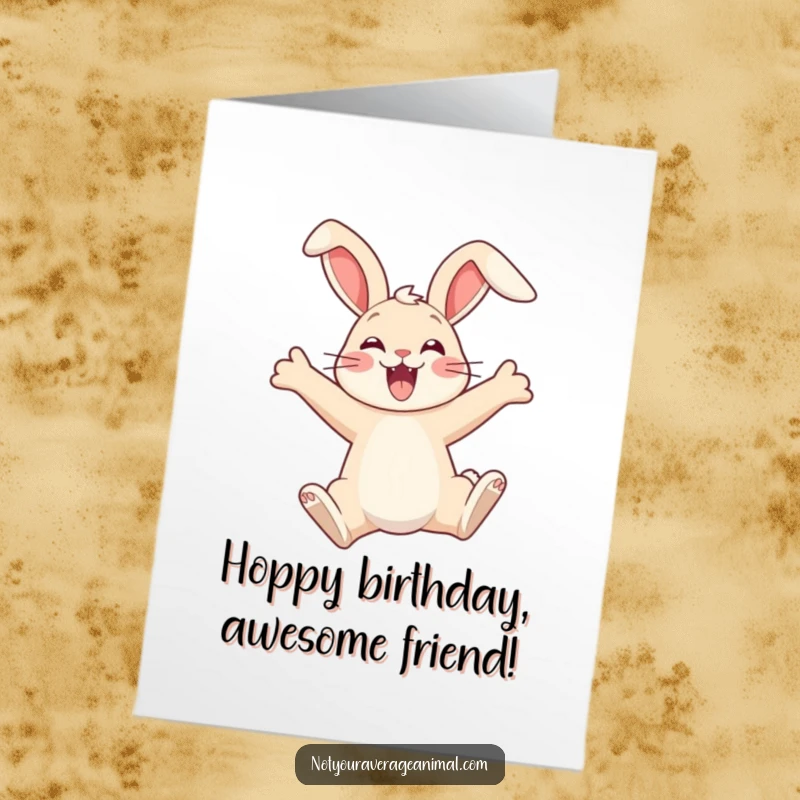 Funny Free Printable Birthday Card of a leaping bunny with floppy ears looking incredibly thrilled and excited.
