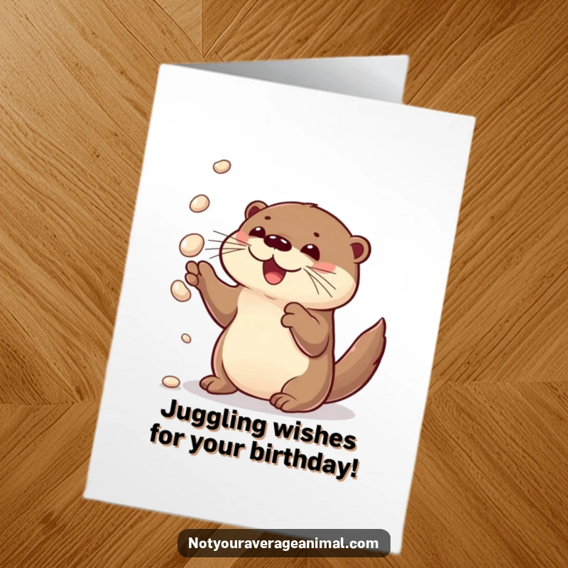 Funny Free Printable Birthday Card of a curious otter happily juggling sparkling pebbles with immense delight.