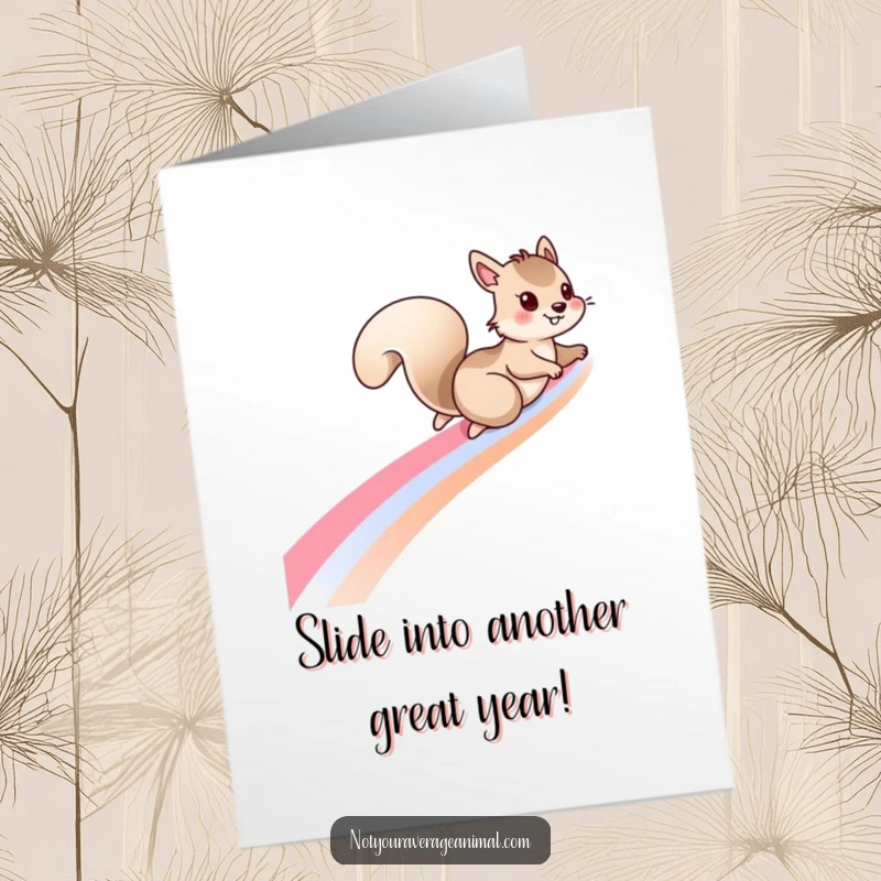 Funny free printable birthday card showing a mischievous squirrel joyfully sliding down a vibrant rainbow.