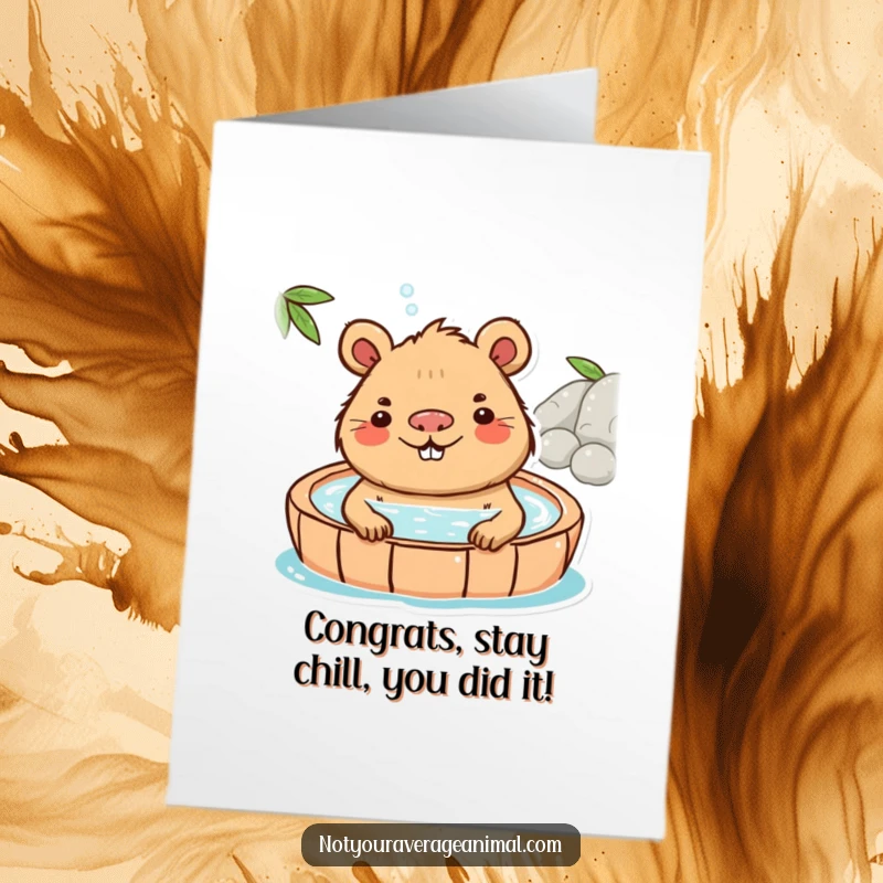 Funny Free Printable Capybara Congratulations Card: A playful capybara smiling in a hot spring, celebrating success. Downloadable art.
