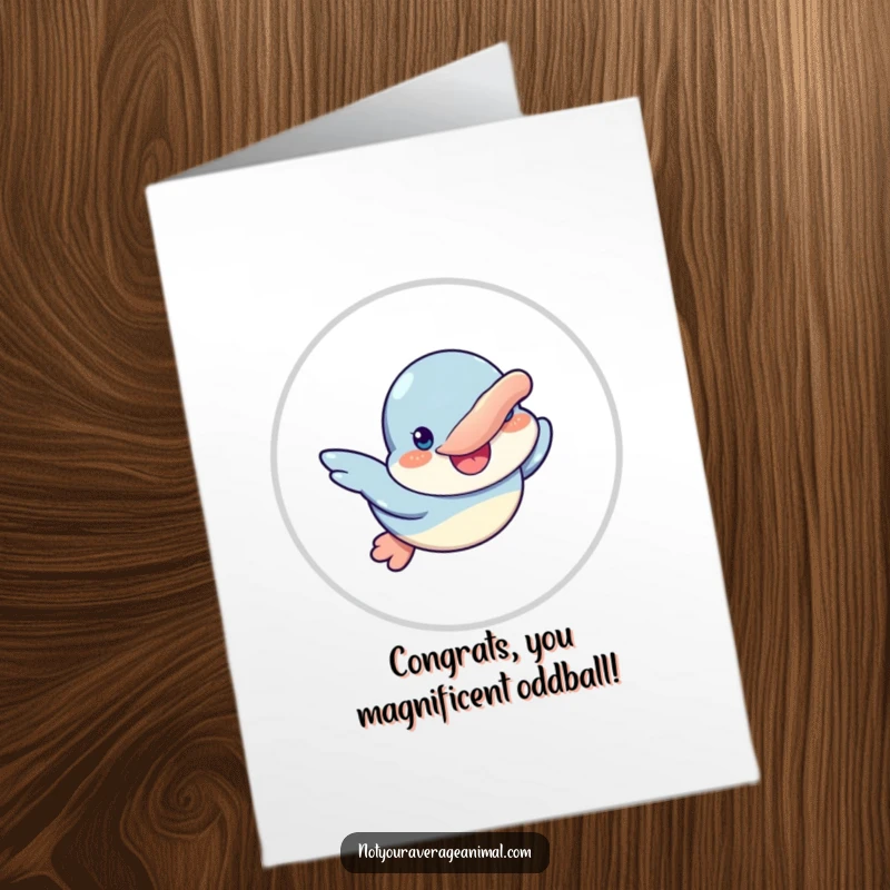 Funny Free Printable Congratulations Card: A smiling platypus character swimming with glee, celebrating success with aquatic happiness.