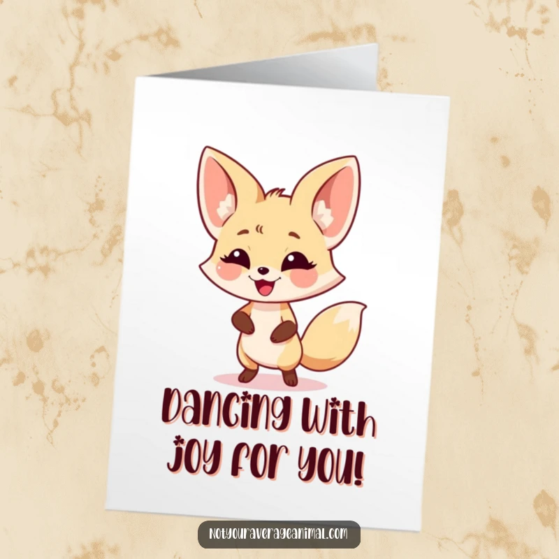 Funny Free Printable Congratulations Card: A fennec fox with giant ears dancing with glee, celebrating success.
