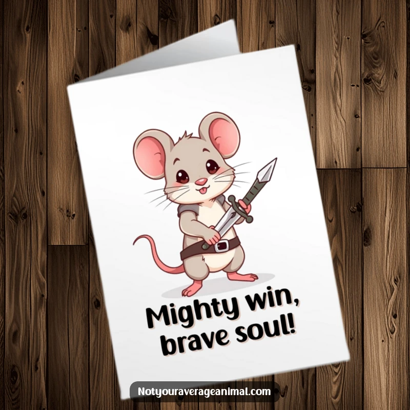 Funny free printable congratulations card: A valiant mouse wields a minuscule sword, celebrating a big win!