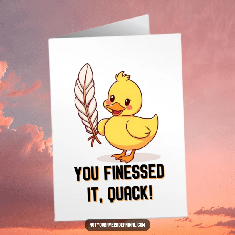 Funny Free Printable Congratulations Card: A grinning cartoon duck carrying an oversized feather, celebrating success.