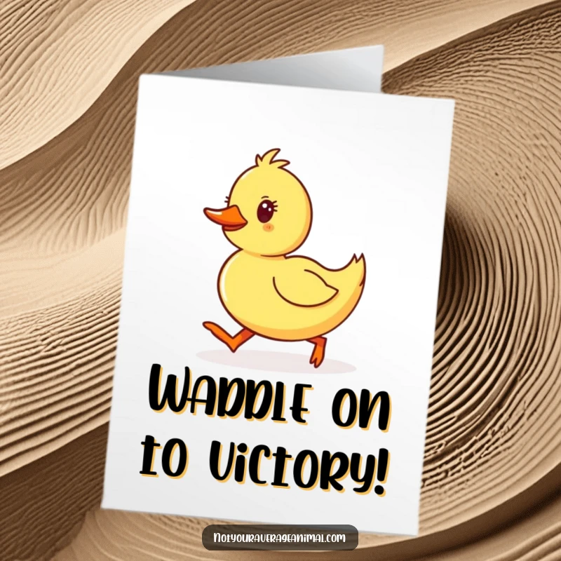 Funny free printable congratulations card: A yellow duckling waddling with happy, determined steps towards success.