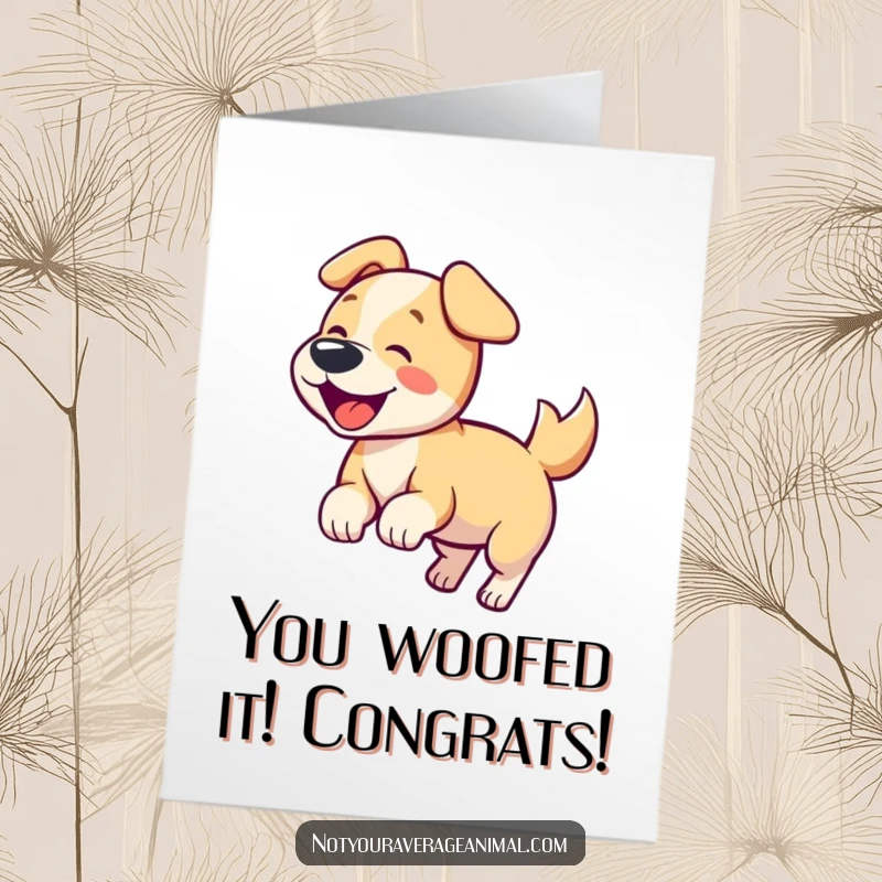 Funny Free Printable Congratulations Card: A happy dog wagging its tail and barking joyfully, celebrating success with infectious good cheer.