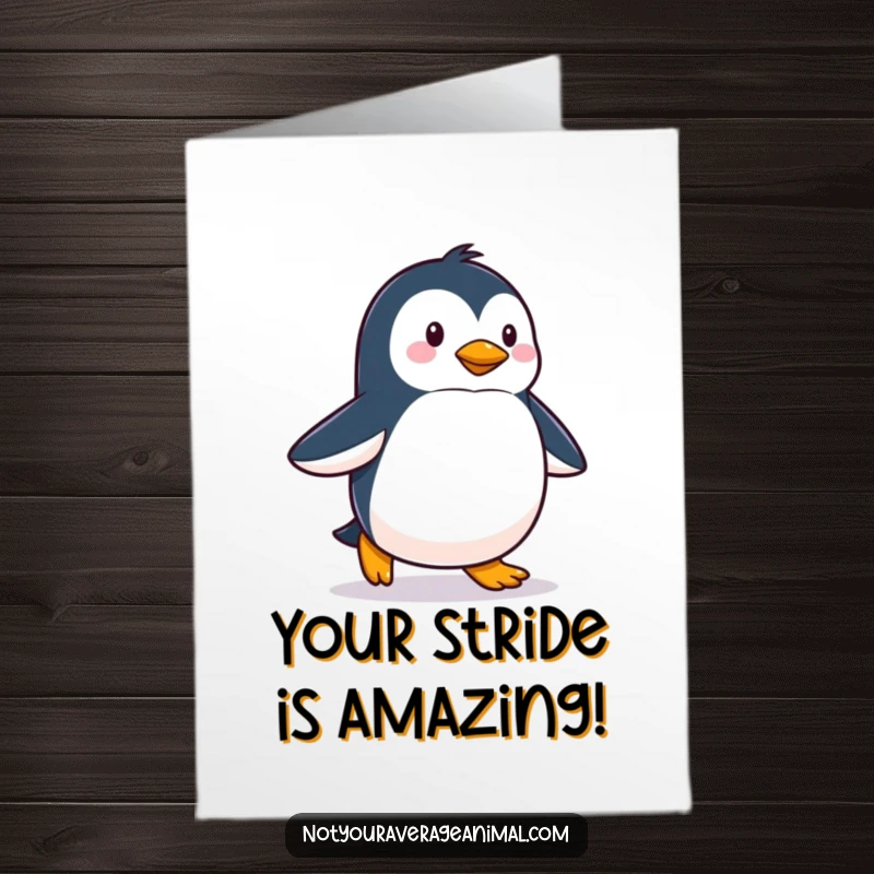 Funny free printable congrats card: A proud penguin strides confidently, celebrating a successful journey.