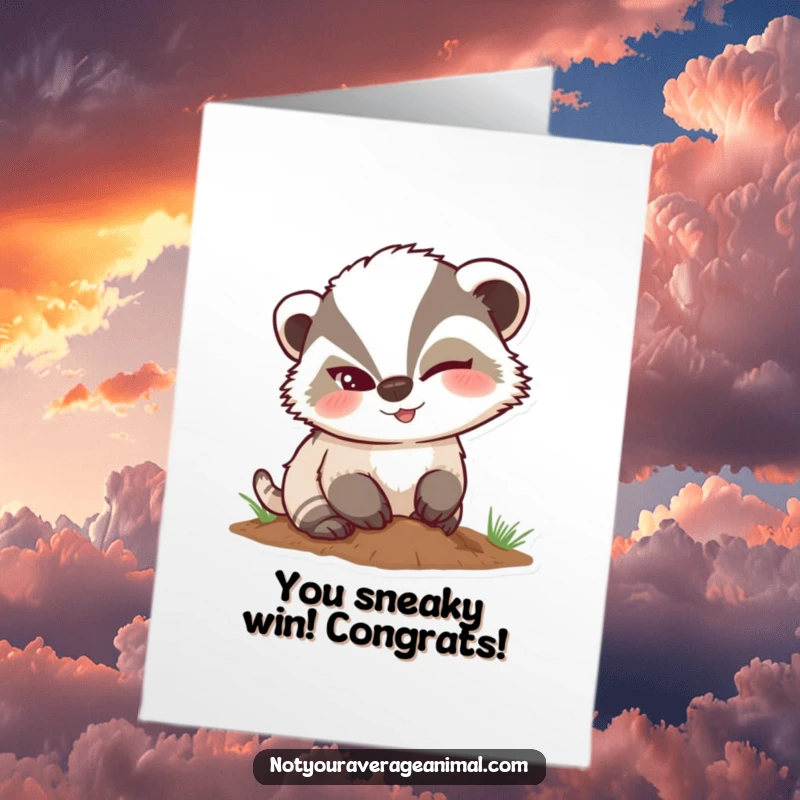 Funny Free Printable Congratulations Card of a mischievous badger winking while digging, a sly way to celebrate.