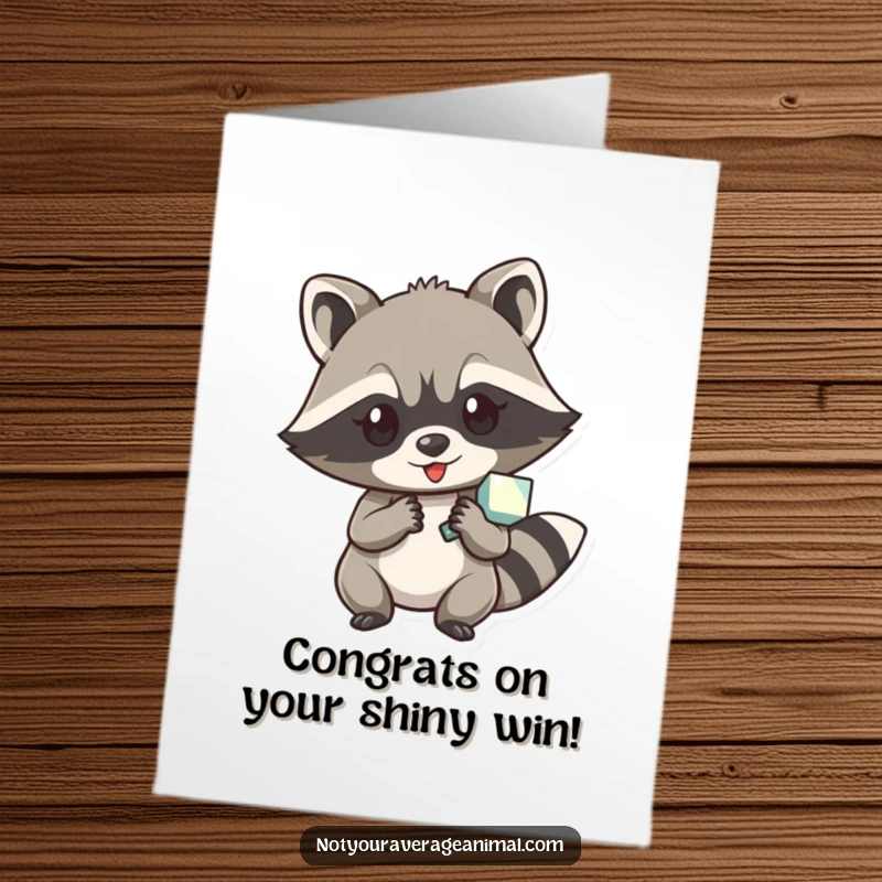 Funny Free Printable Congratulations Card: A cunning raccoon character clutching a shiny object, celebrating a hard-earned prize or discovery.