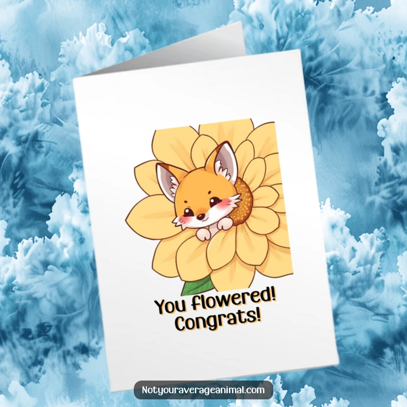 Whimsical free printable congratulations card featuring a sly fox peeking from behind a giant flower, celebrating success.