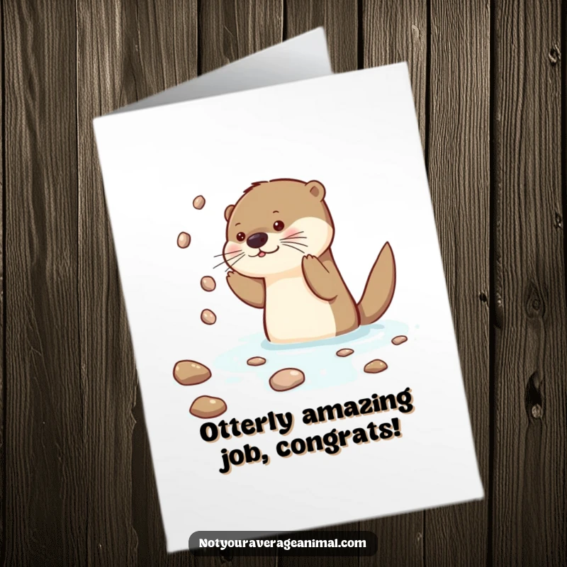 Funny Free Printable Otter Congratulations Card: A curious otter juggling shiny pebbles to celebrate a big win. Downloadable art.