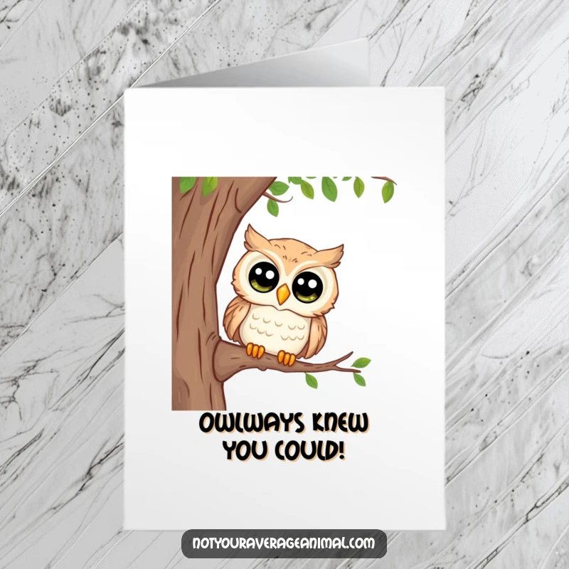 Funny Free Printable Congratulations Card of a curious owl with big eyes peeking, offering congratulations.