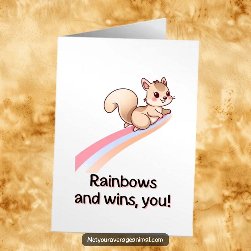 Whimsical free printable congratulations card featuring a cheeky squirrel sliding down a bright, magical rainbow.