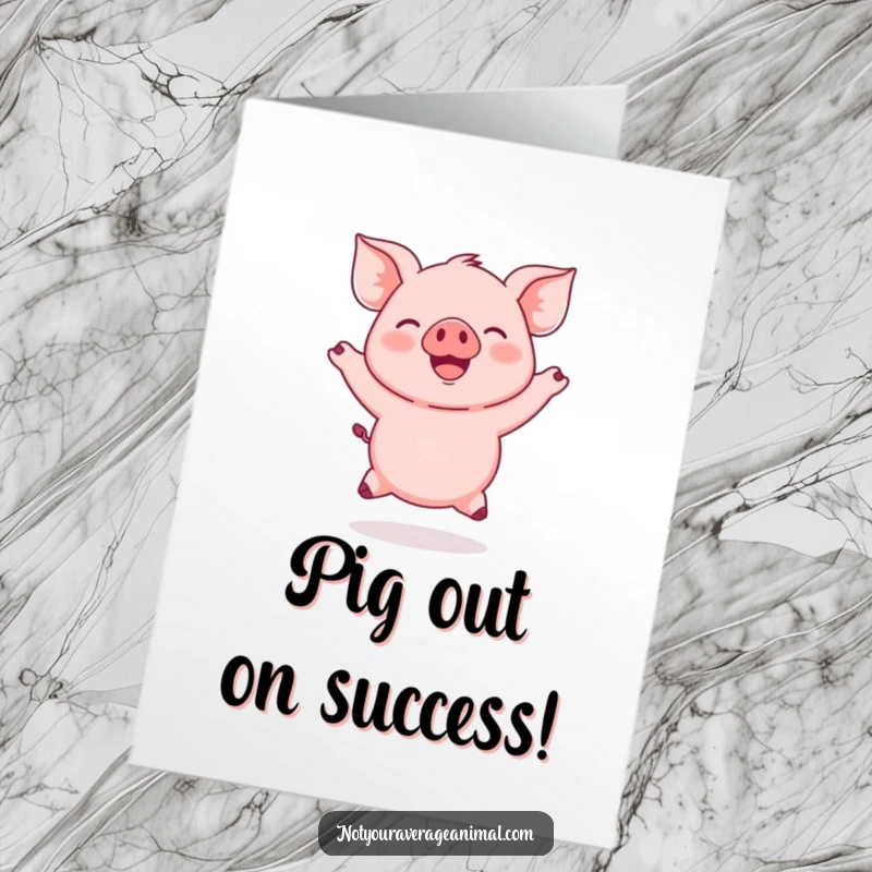 Funny free printable congratulations card: A round pink piglet caught mid-air, jumping with glee and flapping ears, celebrating success.