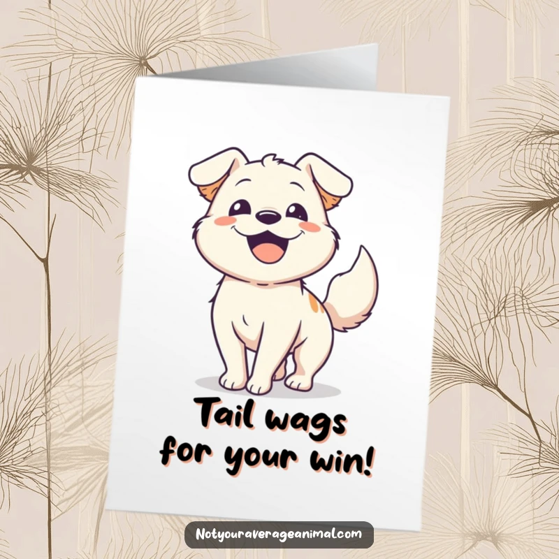 Hilarious free printable congratulations card of an overjoyed dog wagging its tail uncontrollably in celebration.