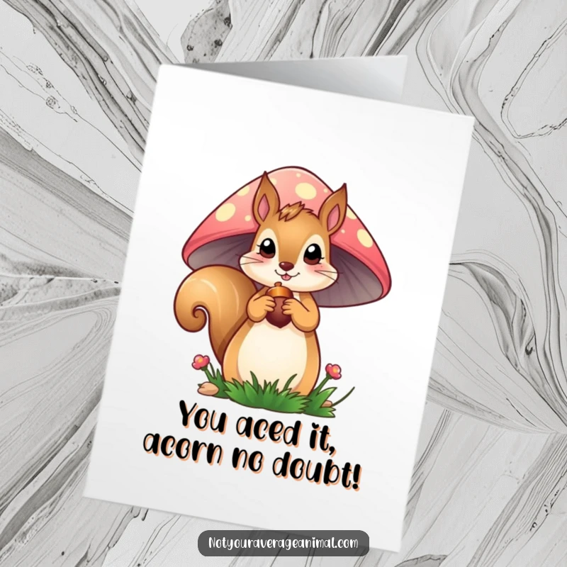 Funny free printable congratulations card of a curious squirrel peeking from a mushroom, holding an acorn, celebrating success.