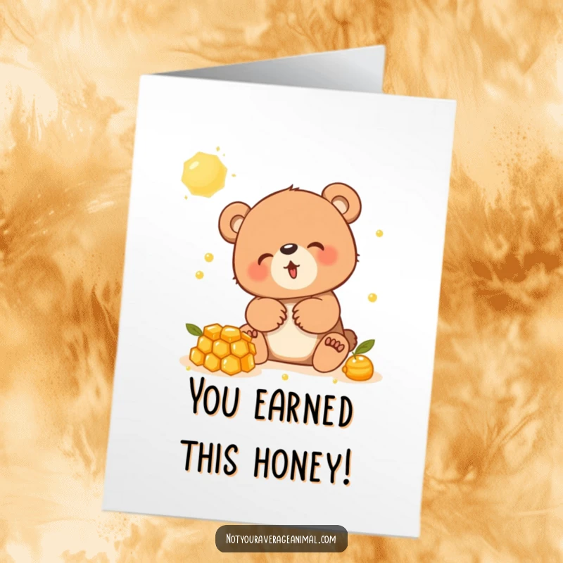 Funny free printable congratulations card showing a delighted bear cub playing with a honeycomb, celebrating someone's amazing achievement.