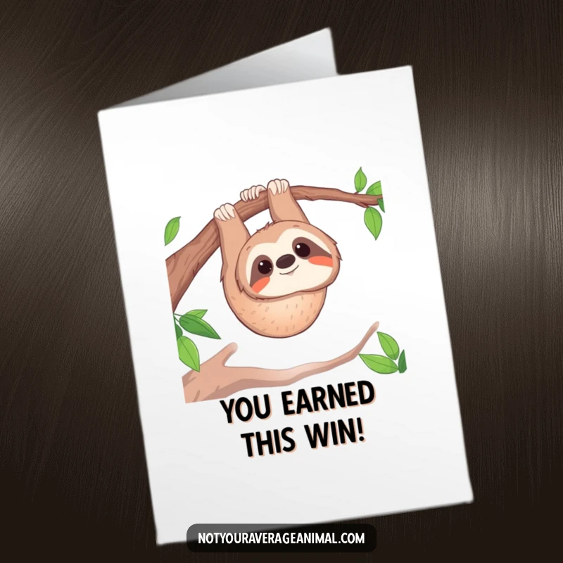 Free printable congratulations card featuring a smiling sloth hanging contentedly upside down from a branch.