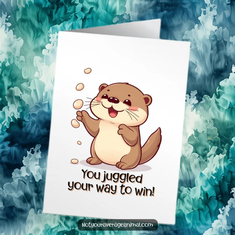 Funny Free Printable Congratulations Card of a curious otter skillfully juggling shiny pebbles with a look of delight.