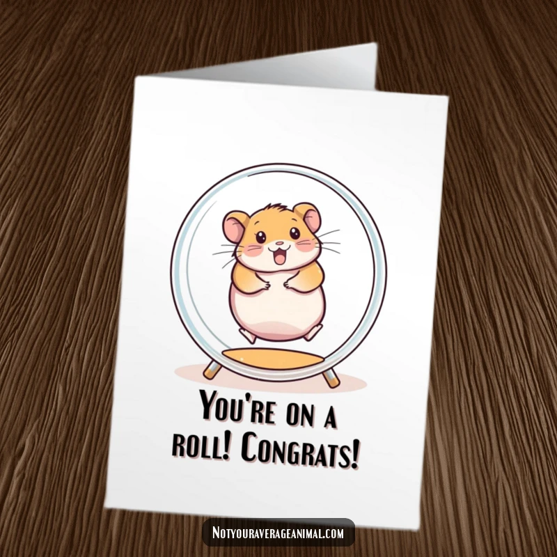 Funny Free Printable congratulations card of a chubby hamster joyfully running and spinning rapidly inside a transparent hamster wheel.