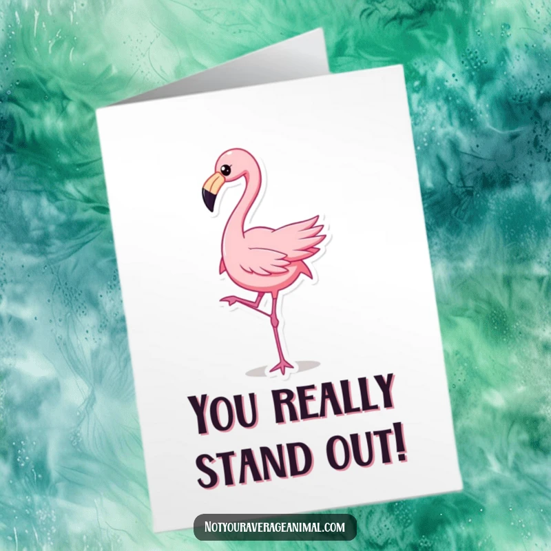 Funny Free Printable Congratulations Card: A dancing flamingo with one leg raised, a joyful downloadable gift.