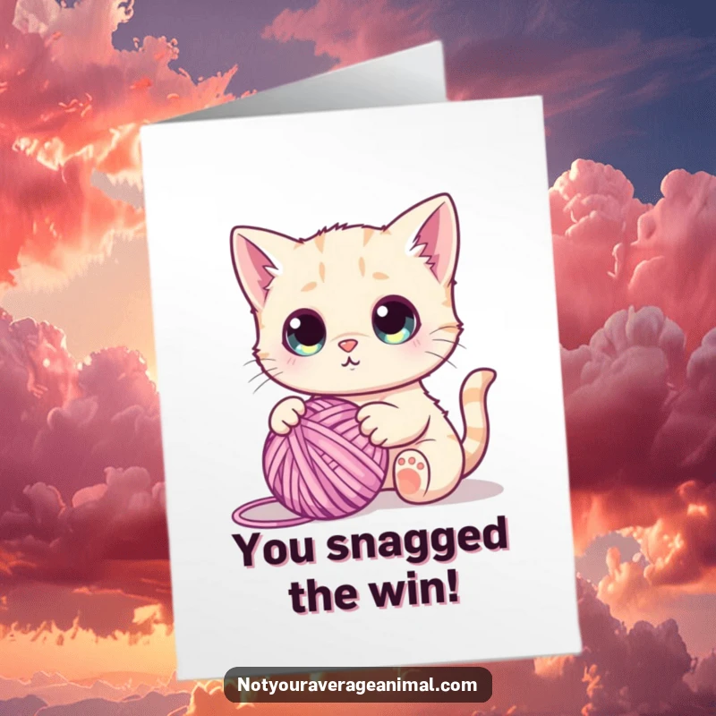 Funny Free Printable Congratulations Card: A cute cat with wide eyes is happily engrossed in playing with a ball of yarn.