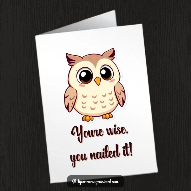 Funny Free Printable owl congratulations card with a smiling owl and large eyes hooting contentedly, perfect for celebrating wise achievements.