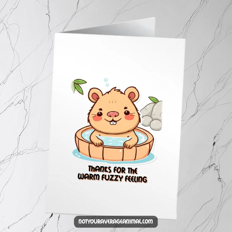Funny Free Printable Capybara Thank You Card: A playful capybara smiling serenely in a hot spring, expressing thanks. Downloadable art.