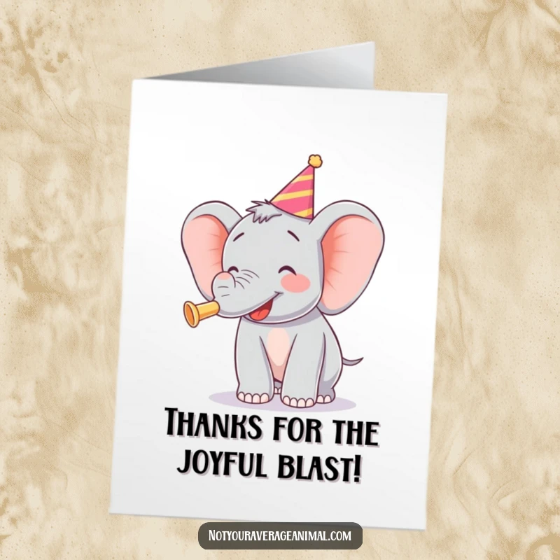 Funny Free Printable Thank You Card featuring a happy elephant enthusiastically blowing a party horn with delight.