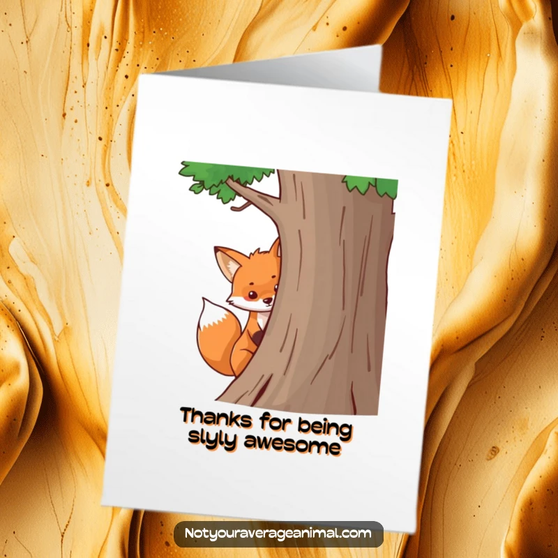 Funny Free Printable Thank You Card: A playful fox with a bushy tail peeks from behind a tree, conveying thanks with a cheerful expression.