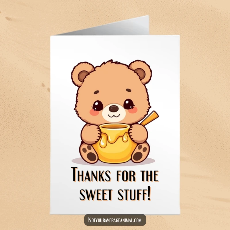 Funny Free Printable Thank You Card: Cute, fuzzy bear cub with a sweet smile hugging a honey pot, conveying thanks.