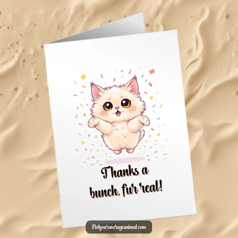 Funny Free Printable Thank You Card: Fluffy cat mid-leap in confetti, conveying thanks humorously.