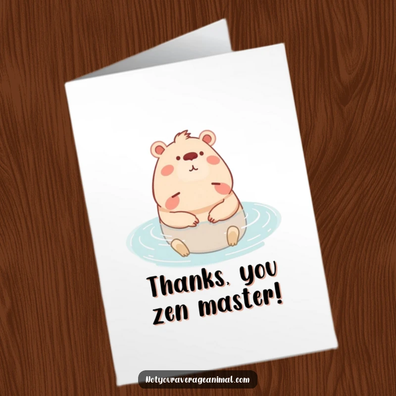 Funny Free Printable Thank You Card: A content capybara character soaking peacefully in water, conveying quiet gratitude and relaxation.
